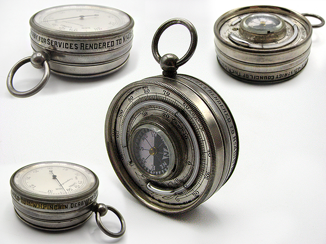 Pocket barometer with thermometer and Singers patent style compass compendium